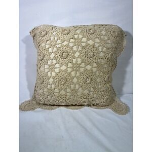 VTG Style Crochet Lace Square Pillow Cream Beige Roses Shabby Chic Boho Decor